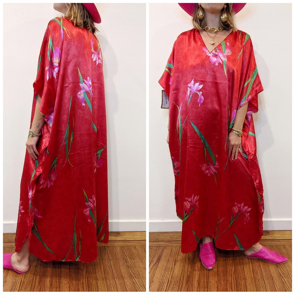 VTG Winlar Women’s Red Floral Kaftan 80’s Beach Cover Up Boho Dress NWT OSFM